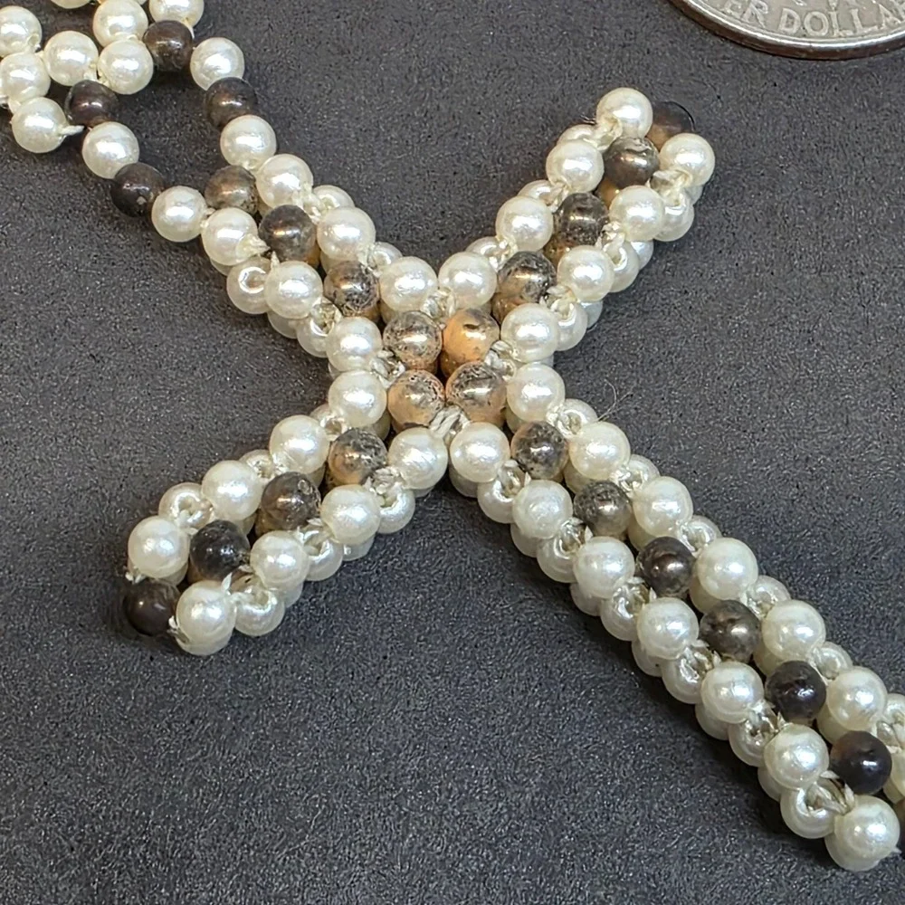 Woven Faux Pearl Seed Beaded Cross Pendant Necklace Cream Bronze